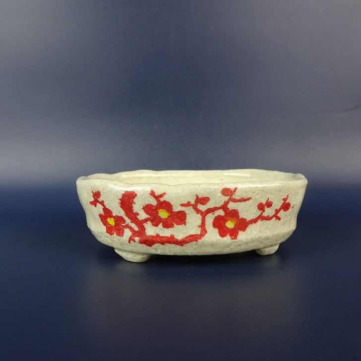 盆栽鉢 文山 越前文山 小鉢 長辺 約 9.1cm 楕円鉢 赤絵 竹 笹 花 はな ハナ 鑑賞 観賞用 現品 新品 送料無料