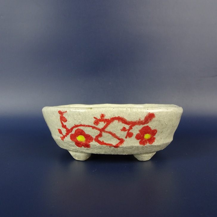 盆栽鉢 文山 越前文山 小鉢 長辺 約 9.6cm 楕円鉢 赤絵 竹 笹 花 はな ハナ 鑑賞 観賞用 現品 新品 送料無料