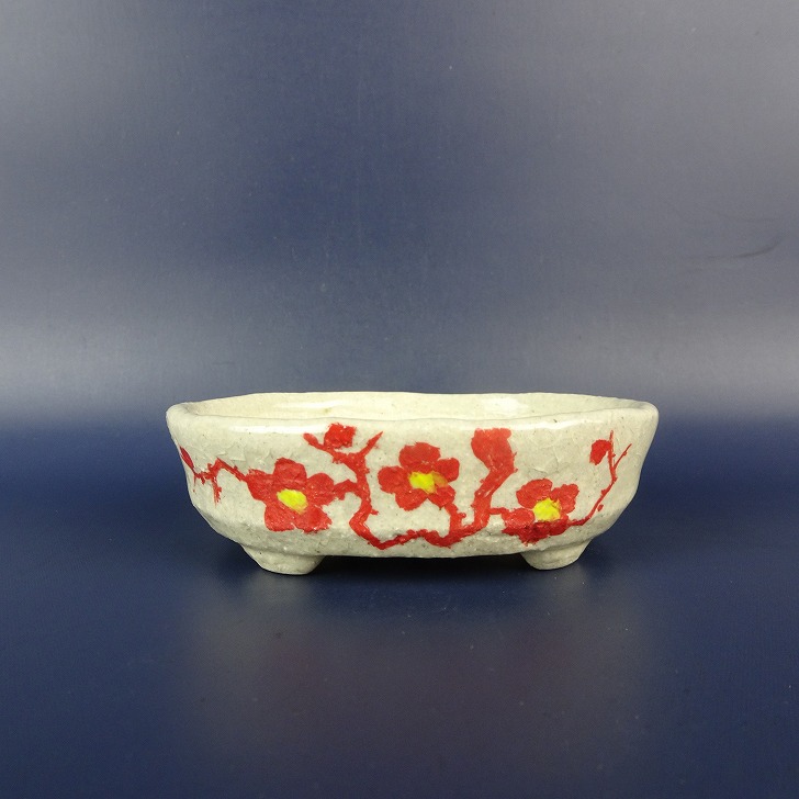 盆栽鉢 文山 越前文山 小鉢 長辺 約 9.4cm 楕円鉢 赤絵 竹 笹 花 はな ハナ 鑑賞 観賞用 現品 新品 送料無料