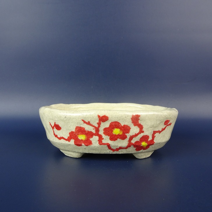 盆栽鉢 文山 越前文山 小型 長辺 約 11.2cm 楕円鉢 赤絵 竹 笹 花 はな ハナ 鑑賞 観賞用 現品 新品 送料無料
