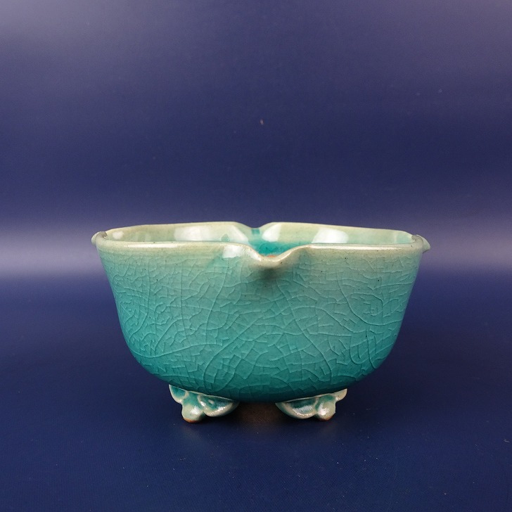 盆栽鉢 風香 風香窯 小型 長辺 約 10cm 丸鉢 変形 雲足 貫入 釉薬 現品 新品 送料無料｜盆栽はニわ 店