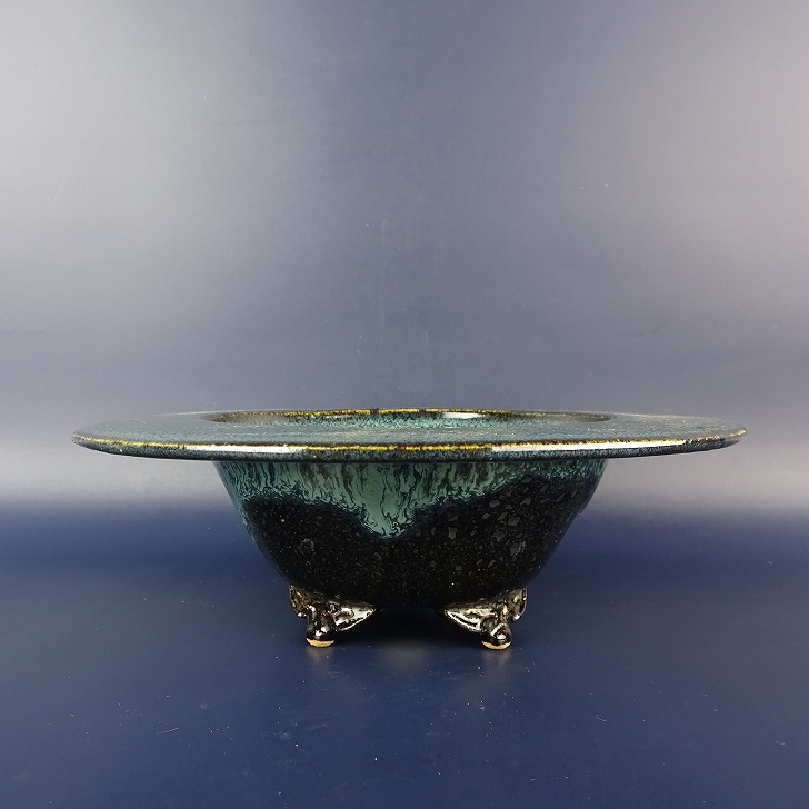 盆栽鉢 風香 風香窯 中型 長辺 約 20.5cm 丸鉢 外縁 天広 雲足 釉薬 現品 新品
