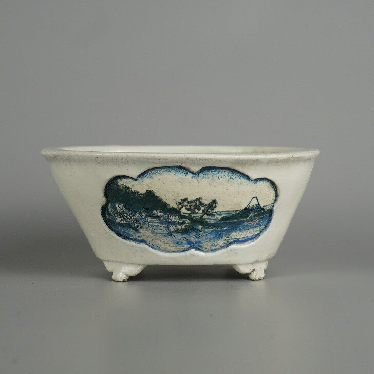 盆栽鉢 誠昭 小型 長辺 約 13.5cm 楕円鉢 色絵 山水図 鑑賞用 観賞用 和鉢 現品｜盆栽はニわ 店