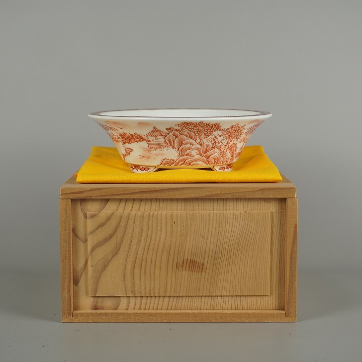 盆栽鉢 は二わ オリジナル鉢 小型 長辺 約 15.5cm 丸鉢 赤絵 山水図 花 模様 箱 布付 鑑賞 観賞用 現品 新品