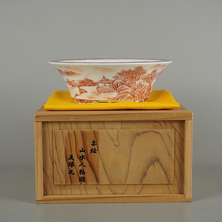 盆栽鉢 は二わ 一風変わった鉢 小型 長辺 約 15.7珊 丸鉢 赤絵 景観図 花 飾りつけ 箱 布付  感謝 褒めたたえる用 現品 新品