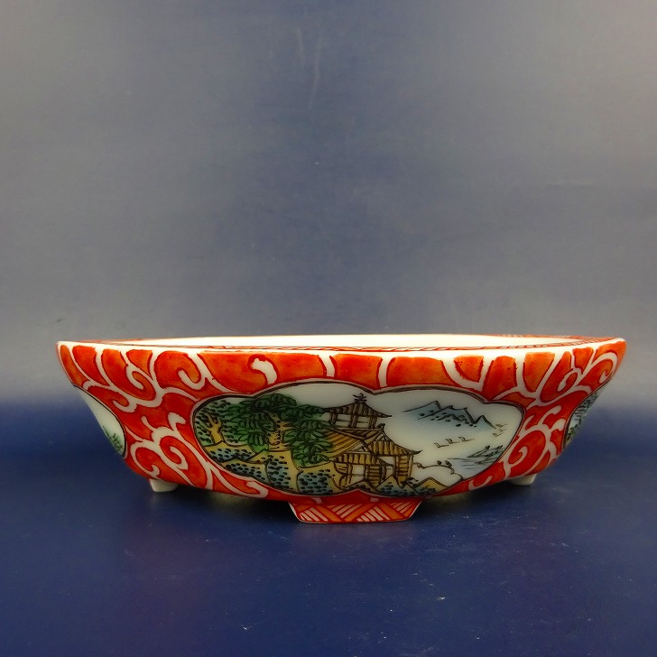 盆栽鉢 は二わ オリジナル鉢 小型 長辺 約15.2cm 木瓜鉢 色絵 風景画 現品 新品 送料無料 31,200円