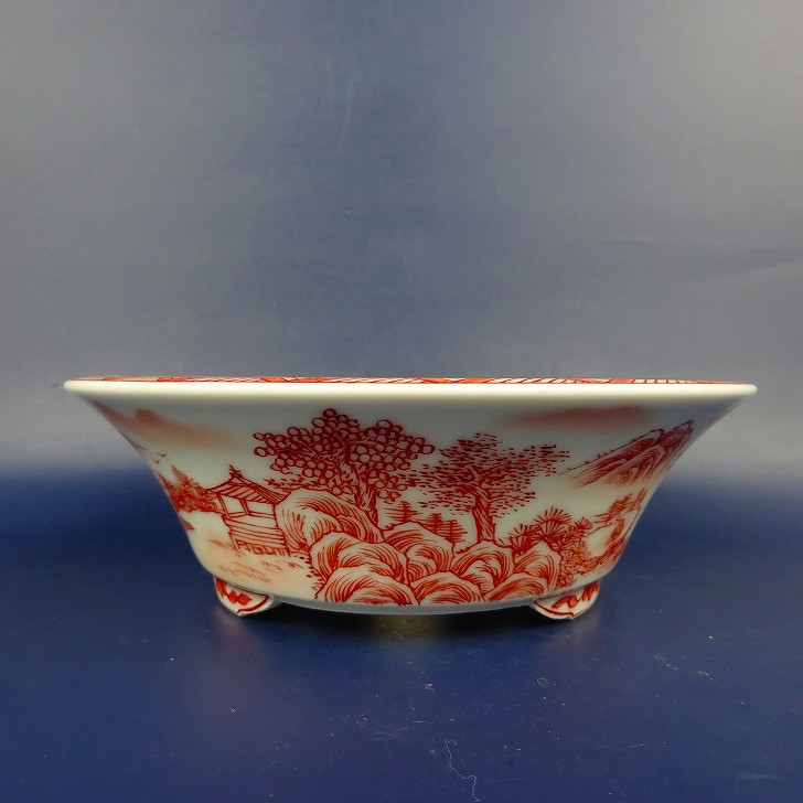 盆栽鉢 は二わ オリジナル鉢 小型 長辺 約15.5cm 丸鉢 赤絵 山水図 風景画 現品 新品 送料無料