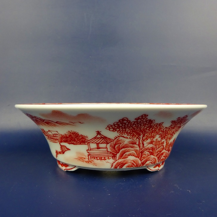 盆栽鉢 は二わ オリジナル鉢 小型 長辺 約15.5cm 丸鉢 赤絵 山水図 風景画 現品 新品
