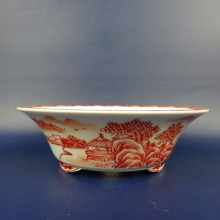 盆栽鉢 は二わ オリジナル鉢 小型 長辺 約15.5cm 丸鉢 赤絵 山水図 風景画 現品 新品