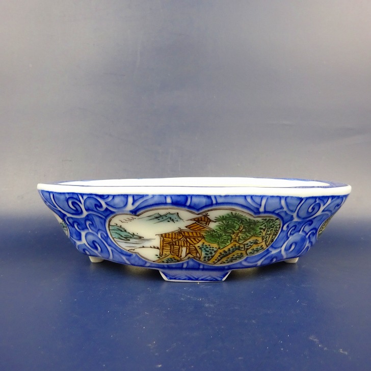 盆栽鉢 は二わ オリジナル鉢 小型 長辺 約15.3cm 木瓜鉢 色絵 窓抜 山水図 風景画 現品 新品 31,200円