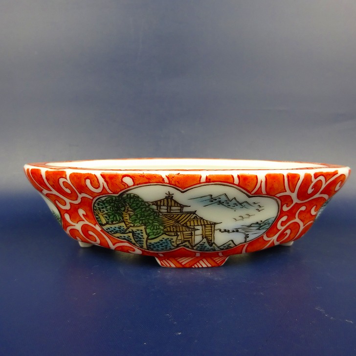 盆栽鉢 は二わ 目あたらしい鉢 小型 長辺 約15.5糎 草木瓜鉢 彩画 見晴らし画 風景図 褒めたたえる用 現品 新品 ガーデニング・農業-植木鉢・プランター
