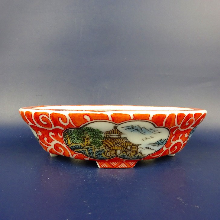 盆栽鉢 は二わ オリジナル鉢 小型 長辺 約15.2cm 木瓜鉢 色絵 風景画 山水図 観賞用 現品 新品