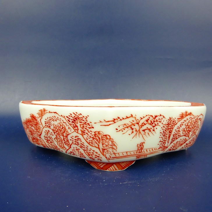 盆栽鉢 は二わ オリジナル鉢 小型 長辺 約13.5cm 剣木瓜鉢 赤絵 風景画 観賞用 現品 新品