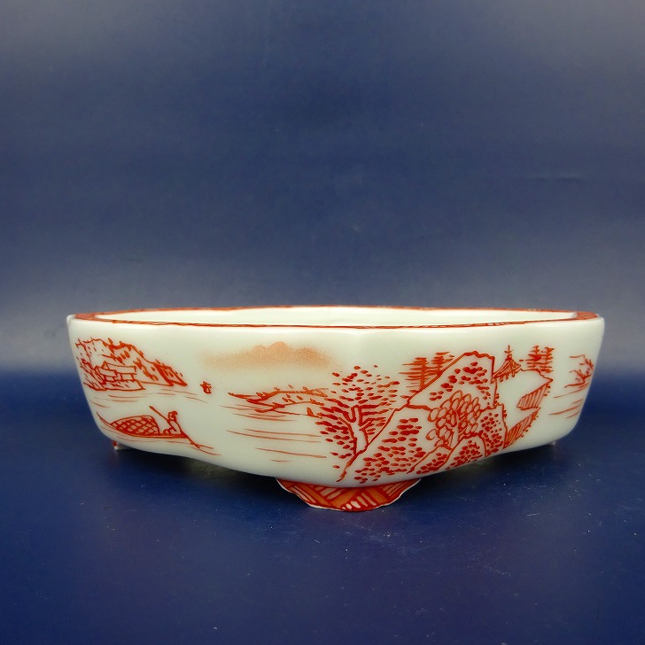 盆栽鉢 は二わ オリジナル鉢 小型 長辺 約13.5cm 剣木瓜鉢 赤絵 風景画 現品 新品