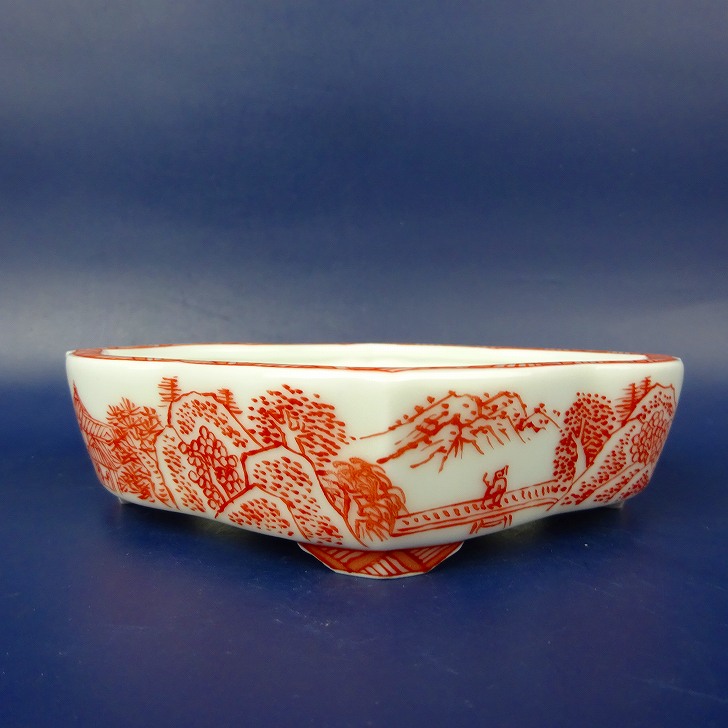 盆栽鉢 は二わ オリジナル鉢 小型 長辺 約13.5cm 剣木瓜鉢 赤絵 風景画 現品 新品