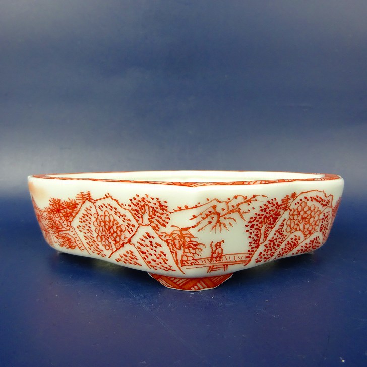 盆栽鉢 は二わ オリジナル鉢 小型 長辺 約13.5cm 剣木瓜鉢 赤絵 風景画 観賞用 現品 新品