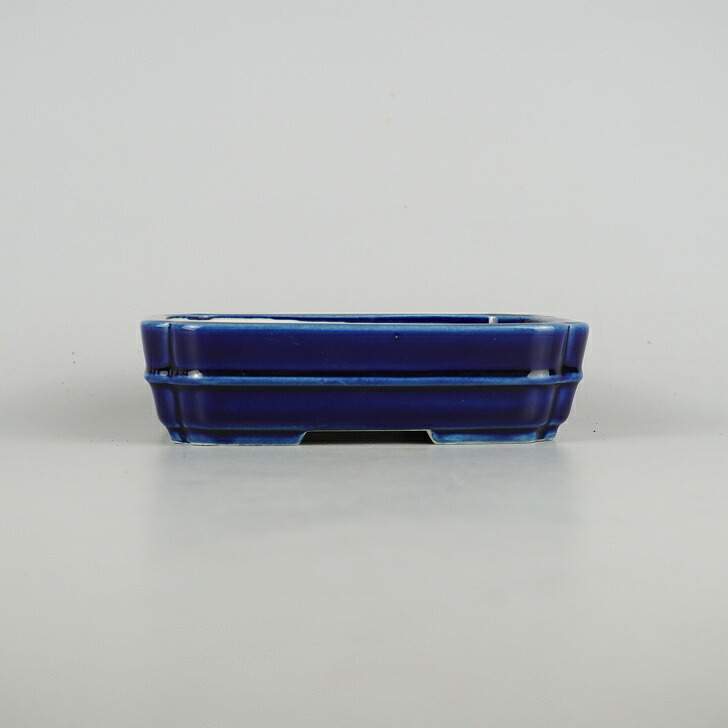 盆栽鉢 青香 小型 長辺 約14.5糎 長方鉢 隅入 中帯 釉薬 現品 貨物輸送無料
