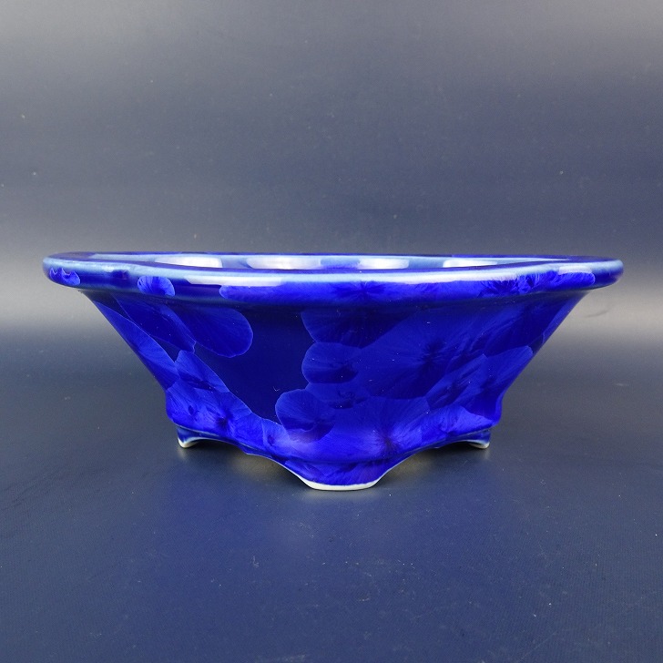 盆栽鉢 平安泉山 小型 長辺 約15.8cm 木瓜鉢 外縁 瑠璃花結晶 釉薬 新品 数量物 送料無料