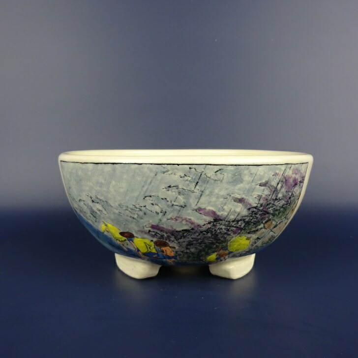 盆栽鉢 蝉山 小型 長辺 約15cm 丸鉢 色絵 風景 観賞用 現品 新品 送料無料