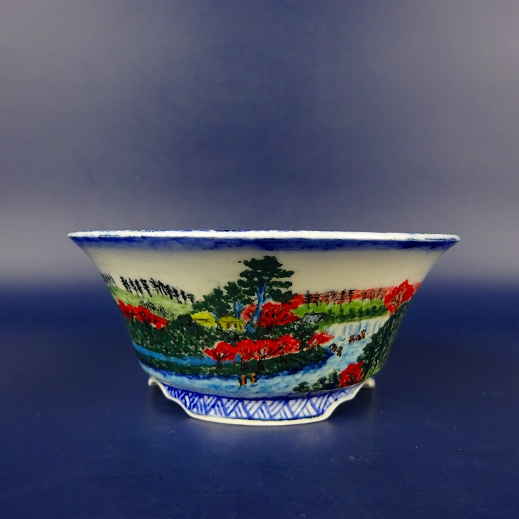 盆栽鉢 紀伊 小型 長辺 約10.5cm 丸鉢 外縁 色絵 江戸百景 現品 新品 送料無料