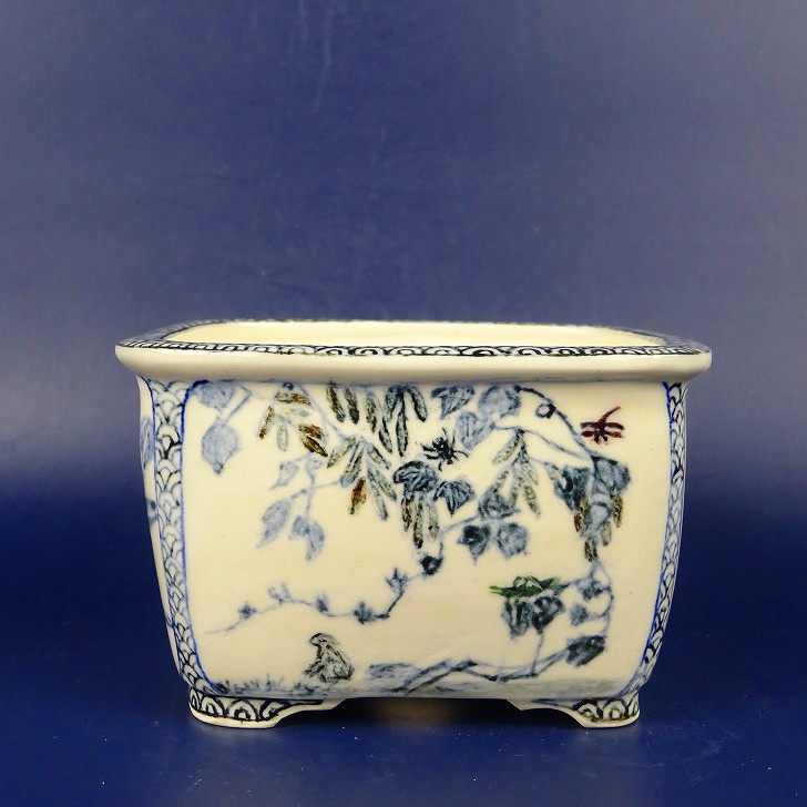 盆栽鉢 紀伊 小型 長辺 約10.5糎 丸鉢 境界線の外側 彩画 鳥 花 現品 新品 貨物輸送無料 植木鉢・プランター-ガーデニング・農業