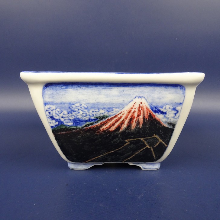 盆栽鉢 紀伊 小型 長辺 約11cm 正方鉢 外縁 色絵 風景 人物画 富士山 染付 山水図 絵鉢 観賞用 現品 新品