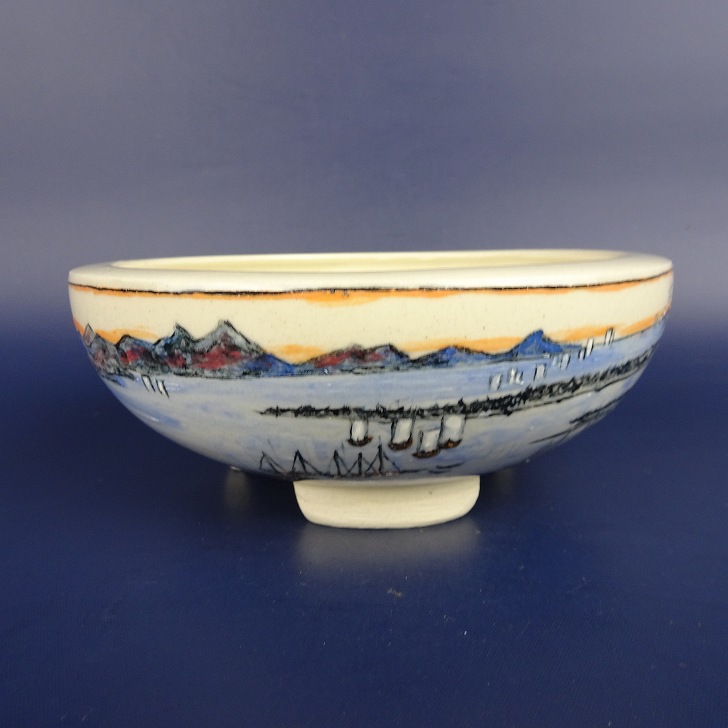 盆栽鉢 蝉山 小型 長辺 約 13.2糎 丸鉢 彩画 見晴らし 辻尻 舟 山 花 草木 褒めたたえる用 現品 新品 貨物輸送無料
