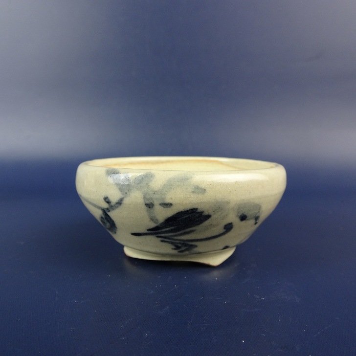 盆栽鉢 是好 矩 小鉢 長辺 約 6.5cm 丸鉢 色絵 雀 スズメ 柿 文字 詩 鑑賞 観賞用 現品 送料無料
