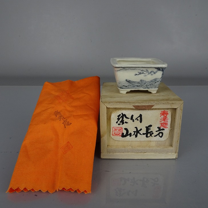 盆栽鉢 宇野 登 寿老庵 豆鉢 長辺 約 5cm 長方鉢 染付 山水画 共箱 共布 鑑賞 観賞用 現品 新品