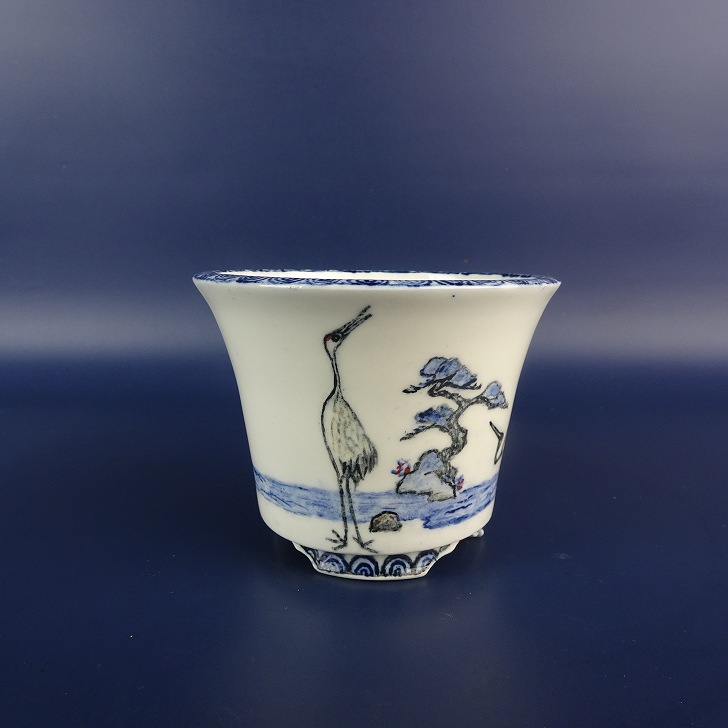 盆栽鉢 紀伊 小鉢 長辺 約 9.8cm 丸鉢 色絵 鶴 ツル 松 風景 絵鉢 鑑賞 観賞用 現品 新品 20,350円