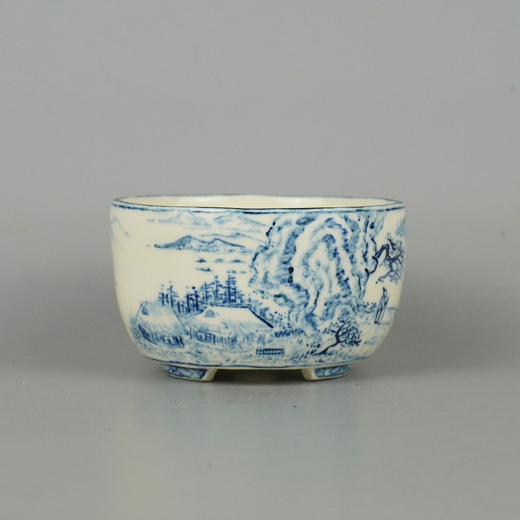 盆栽鉢 梢風 小鉢 長辺 約8.5cm 丸鉢 染付 山水図 観賞用 現品 新品
