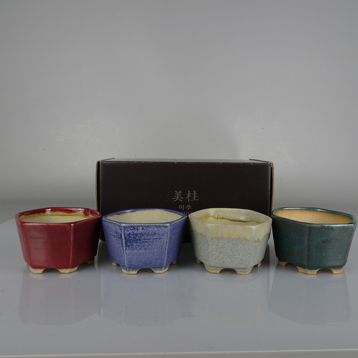 盆栽鉢 美柱 MIJU 4個セット 箱入 豆鉢 長辺 約 9cm 六角鉢 釉薬 ミニ鉢 鑑賞 観賞用 現品 新品 送料無料