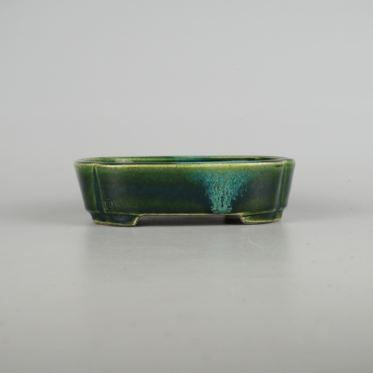 盆栽鉢 里美 寺畑陶園 小型 長辺 約16.5糎 草木瓜鉢 緑釉 釉薬 現品 新品 貨物輸送無料