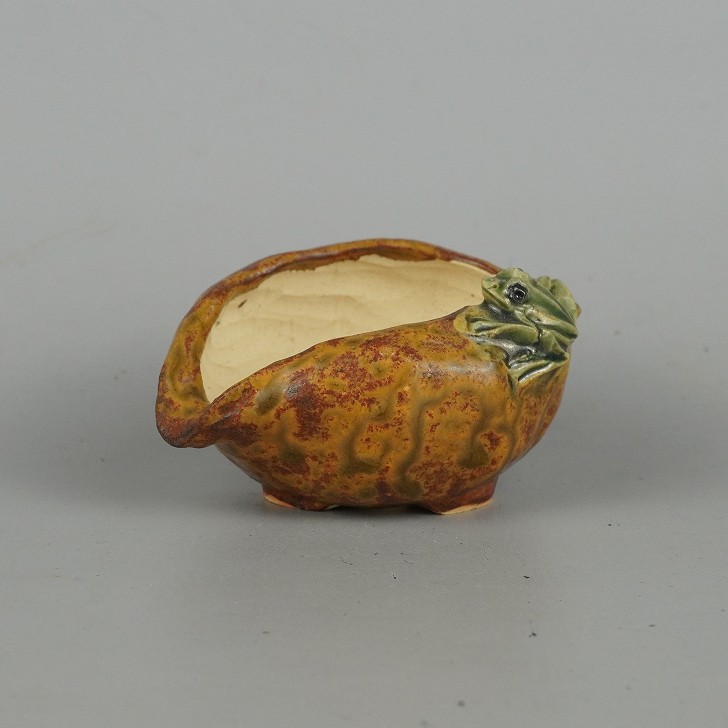 盆栽鉢 正志 古本正志 小鉢 長辺 約9cm 変形 楕円鉢 蛙付 かえる カエル 釉薬 観賞用 現品 新品 送料無料