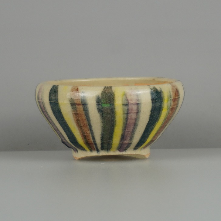 盆栽鉢 是好 矩 小鉢 長辺 約 7.8cm 丸鉢 色絵 縦縞 縞 模様 観賞用 現品 新品 送料無料
