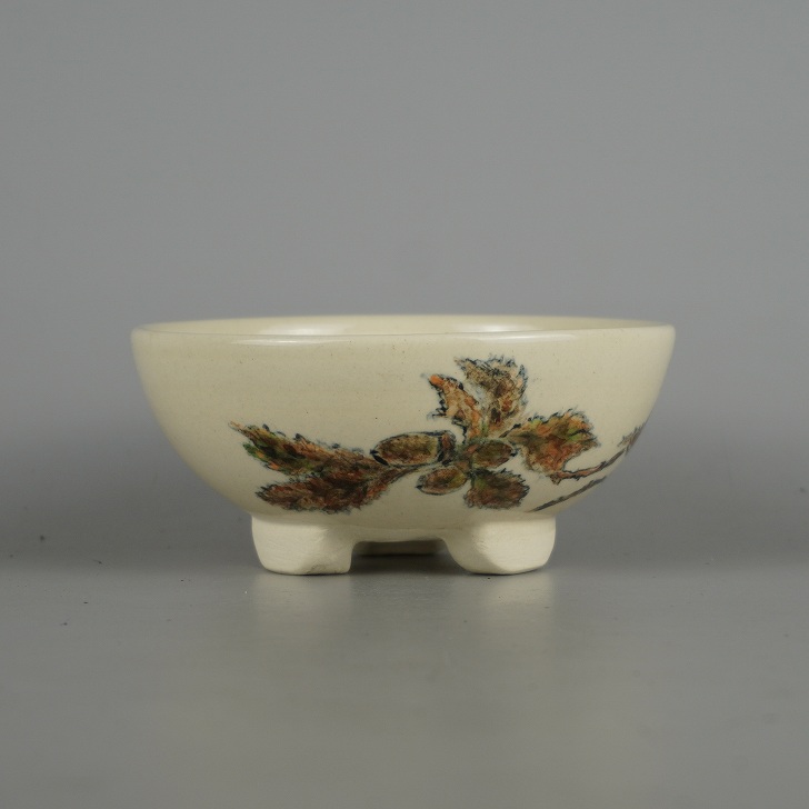 盆栽鉢 蝉山 小型 長辺 約 12.8cm 丸鉢 色絵 どんぐり 木の実 植物 観賞用 現品 新品 送料無料