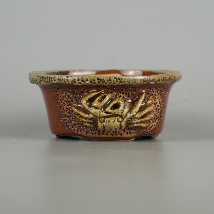 盆栽鉢 卓道 小鉢 長辺 約 8.8cm 丸鉢 蟹付 かに カニ 釉薬 観賞用 現品 新品 送料無料