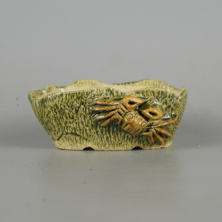 盆栽鉢 卓道 小鉢 長辺 約 8.8cm 変形 楕円鉢 蟹付 かに カニ 釉薬 観賞用 現品 新品 送料無料