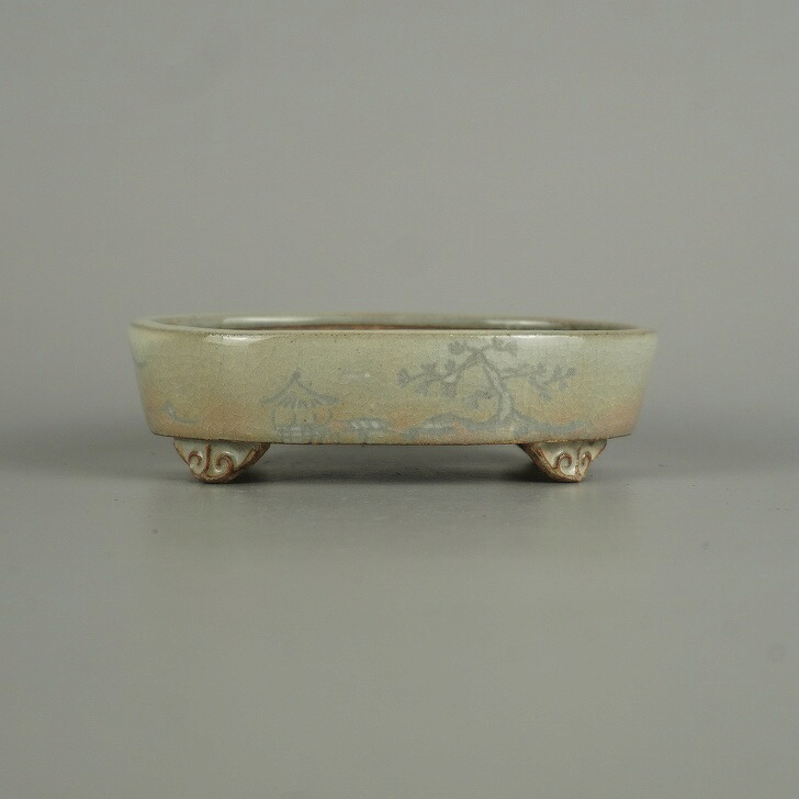 盆栽鉢 流石 小型 長辺 約 10.2cm 楕円鉢 雲足 山水図 釉薬 観賞 観賞用 現品 新品 送料無料｜盆栽はニわ 店