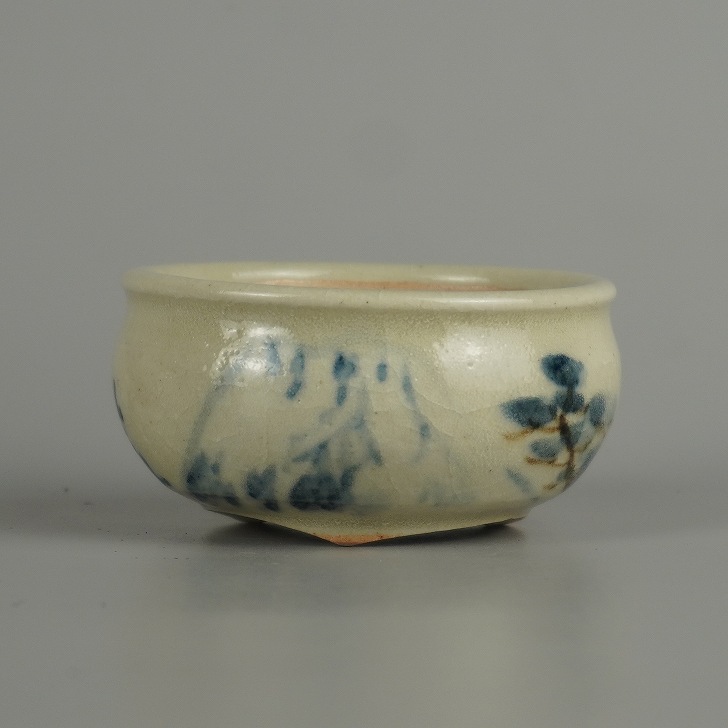 盆栽鉢 是好 矩 小鉢 長辺 約 6.9cm 丸鉢 縁付 色絵 山 松 和鉢 鑑賞 観賞用 現品 新品 送料無料