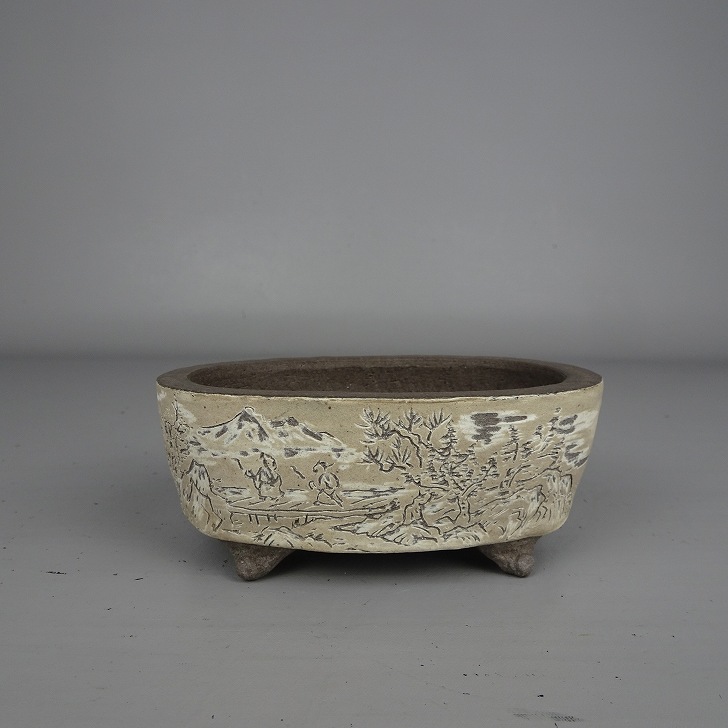盆栽鉢 陶翠 小型 長辺 約 11cm 楕円鉢 釘彫 人物 風景 釉薬 鑑賞 観賞用 現品 新品 送料無料|盆栽はニわ 店