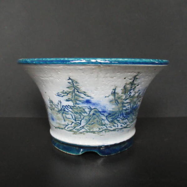 盆栽鉢 陶翠 陶翠筆 小鉢 長辺 約10.3糎 丸鉢 彩画 重要人物 風景図 褒めたたえる用 現品 新品 貨物輸送無料 植木鉢・プランター-花・ガーデン・DIY-植木鉢