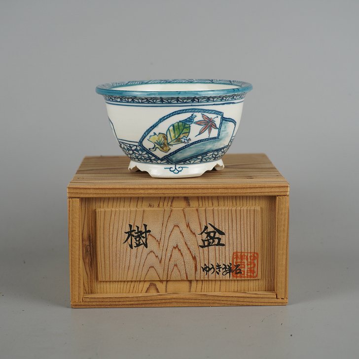 盆栽鉢 ゆうき祥石 小鉢 長辺 約10cm 丸鉢 色絵 紅葉 モミジ 木葉 銀杏 共箱 観賞用 現品 新品|盆栽はニわ 店