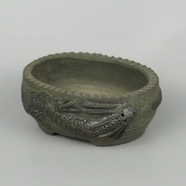 【中古】盆栽鉢 卓道 小鉢 長辺 約8.5cm 楕円鉢 浮彫 龍 観賞用 現品 新品 送料無料