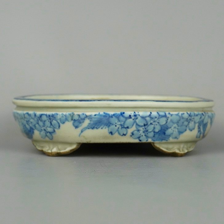 【中古】盆栽鉢 松本 松石 小型 長辺 約 12.3糎 楕円面鉢 染付 植物 花 桜 雲足 現品 中古鉢