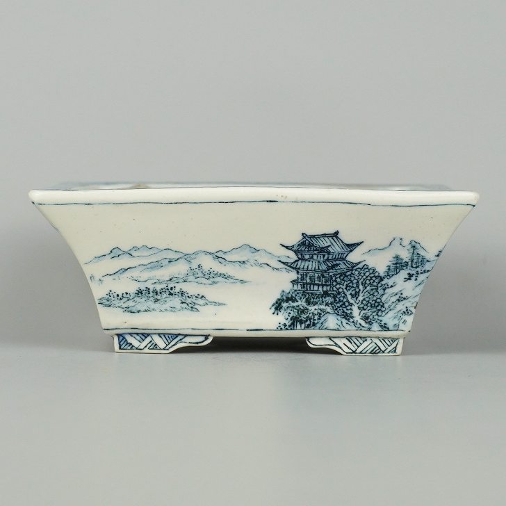 【中古】 盆栽鉢 彦山人 小型 長辺 約11糎 長方鉢 染付 風景図 現品 中古鉢 植木鉢・プランター-ガーデニング・農業