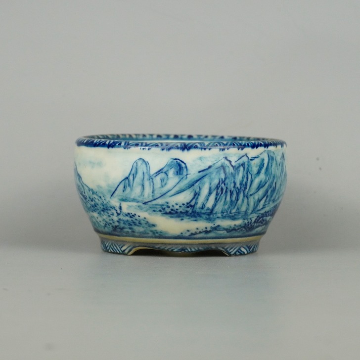 【中古】盆栽鉢 初代 祥石 小鉢 長辺 約 8.8cm 丸鉢 染付 山水図 箱付 観賞用 現品 中古鉢