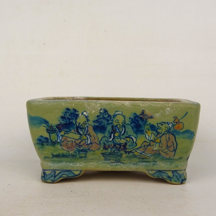 【中古】盆栽鉢 陶翠 小型 長辺 約10糎 彩画 大賢 風景画 段足 重要人物 陶翠筆 現品 中古鉢 貨物輸送無料