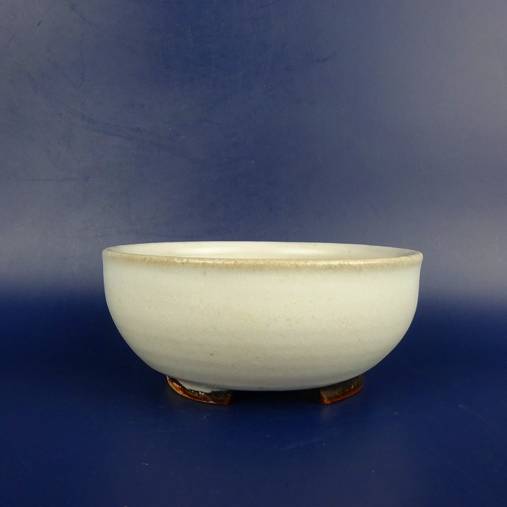 【中古】盆栽鉢 平安虹泉 小型 長辺 約10cm 丸鉢 切足 白釉 現品 中古鉢 送料無料