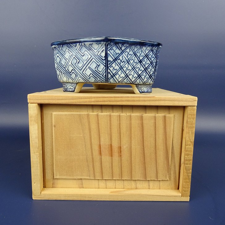 【中古】盆栽鉢 裕峯 小型 長辺 約11.5cm 六角鉢 外縁 染付 箱付 現品 中古鉢